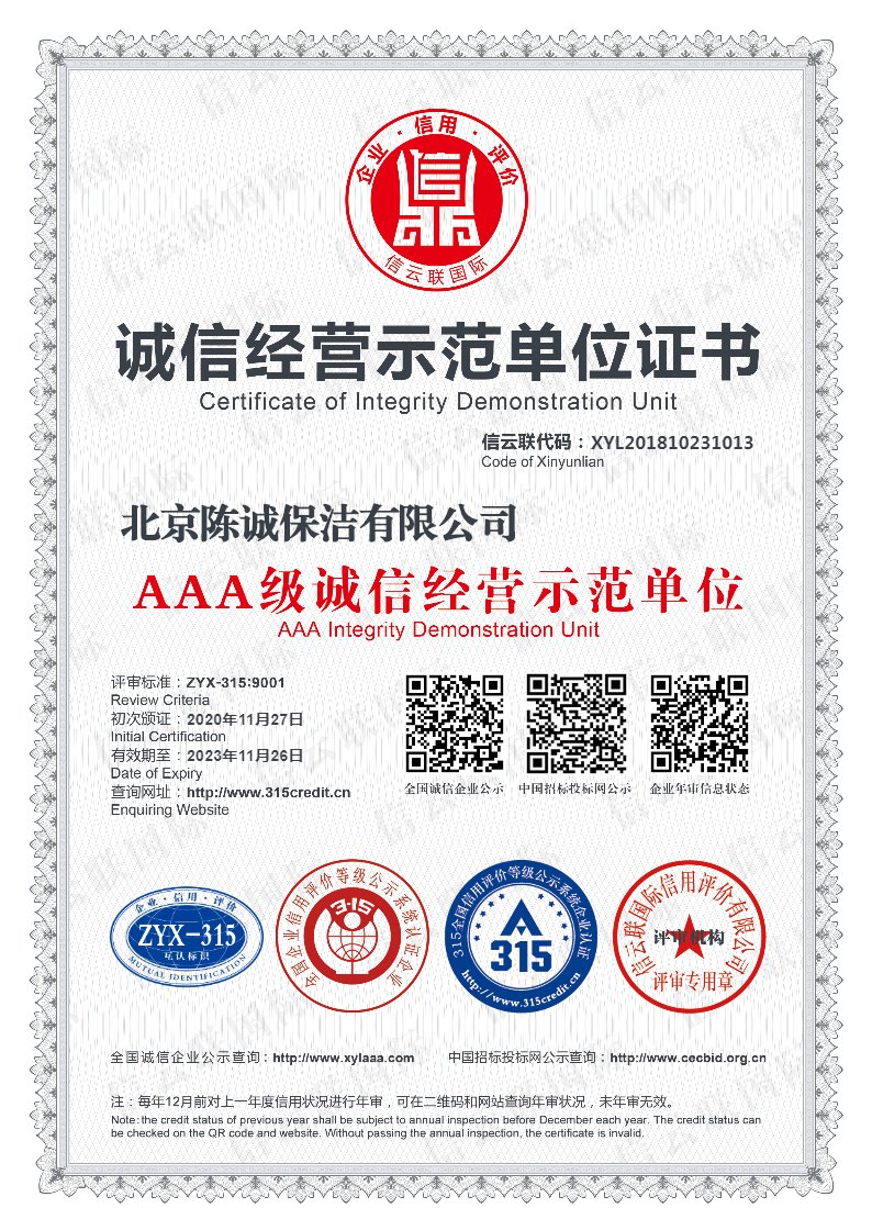 誠信經(jīng)營示范單位證書
